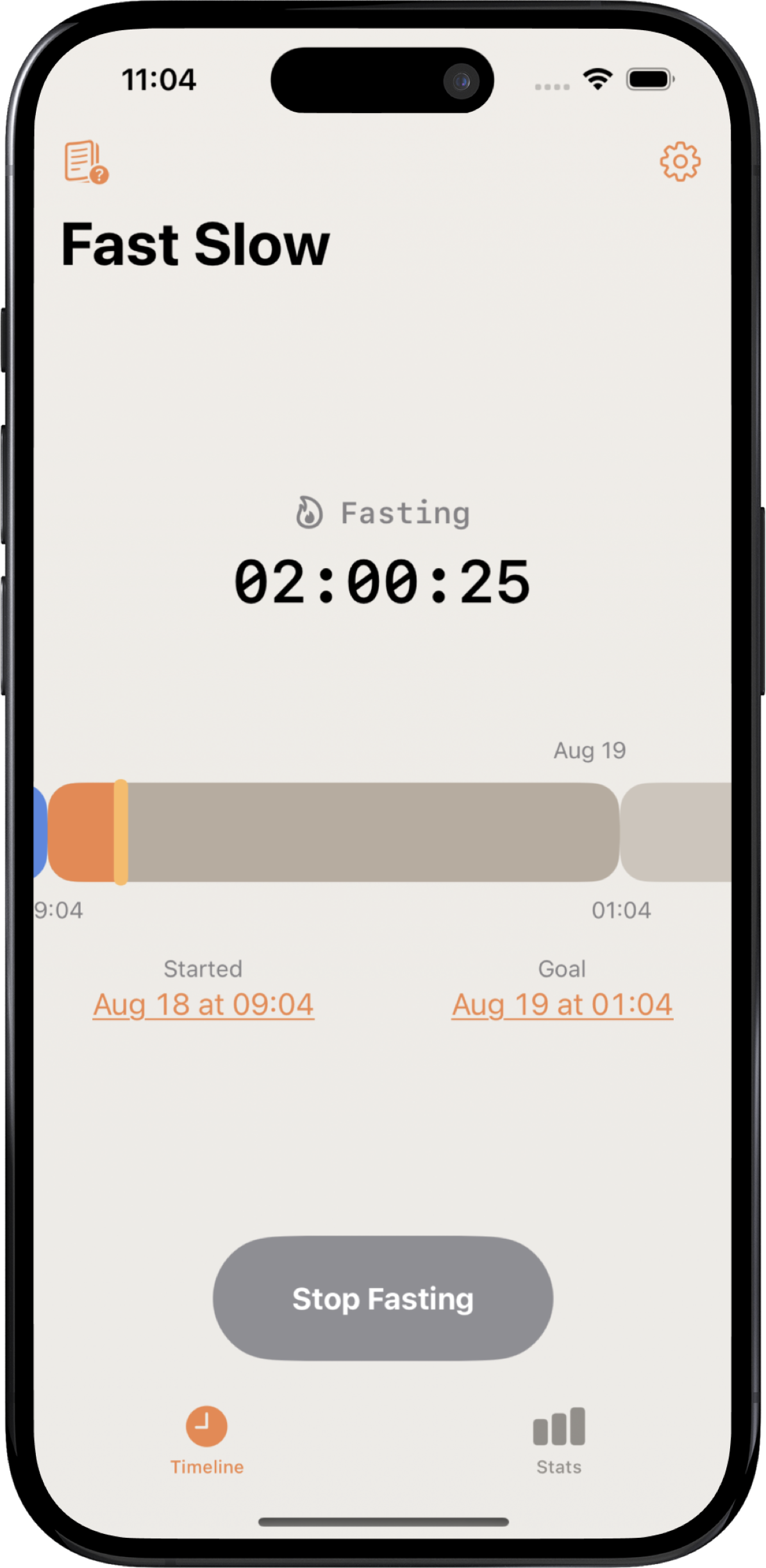 Fast Slow app interface showing fasting timer and progress